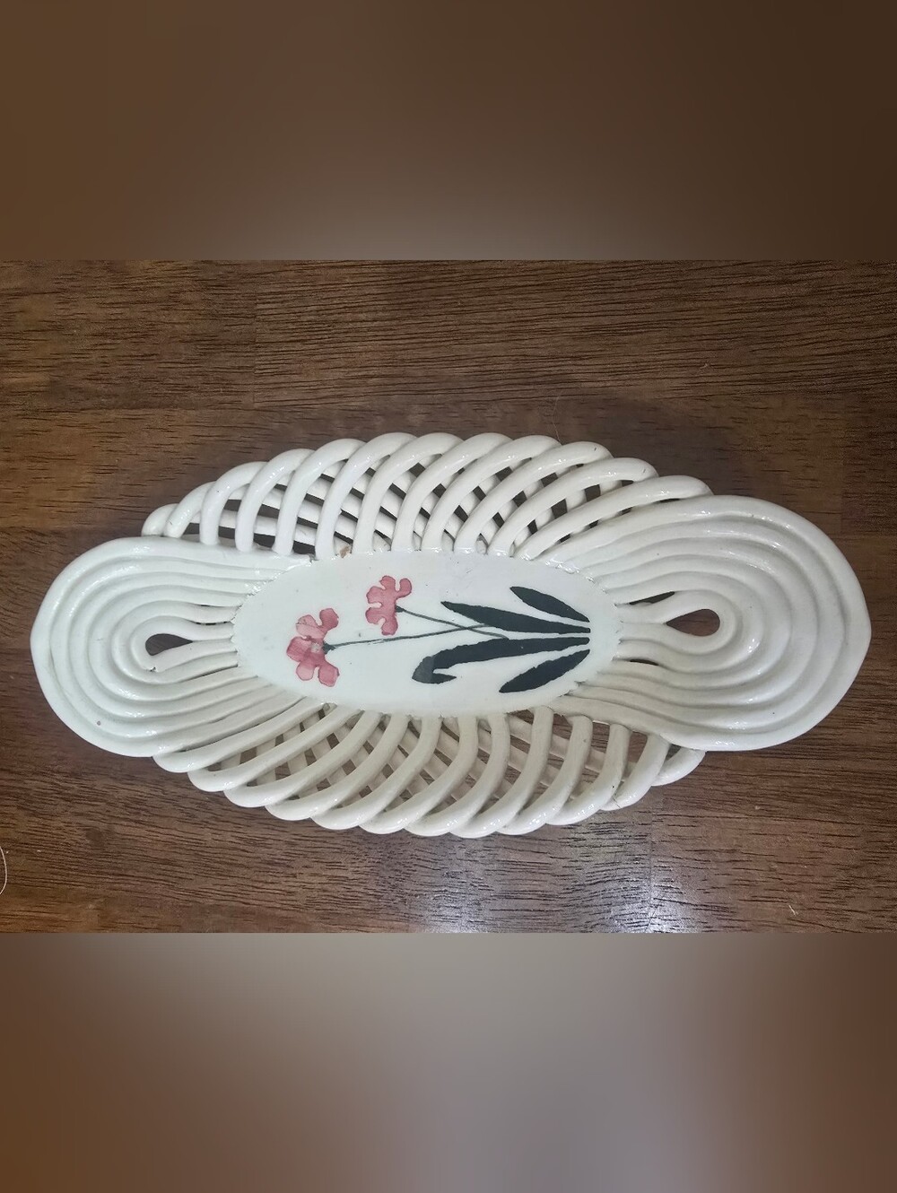 Vintage Spanish Reticulated Ceramic Basket Oval Woven Lattice Dish Floral Spain